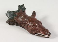 A VIENNA STYLE COLD PAINTED BRONZE FOX HEAD PAPERCLIP. 6ins long.