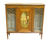 A GOOD EDWARDIAN SATINWOOD CHINA CABINET, the top painted with an oval of cupids, the front with a