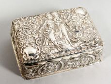 AN EDWARD VII SILVER SNUFF BOX repousse decoration with a gallant and lady, scrolls and flowers.