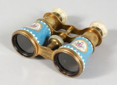 A SUPERB PAIR OF SEVRES PORCELAIN OPERA GLASSES, pale blue with vignettes of flowers and mother-of-