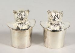 A PAIR OF NOVELTY CAT IN A HAT SALT AND PEPPER.