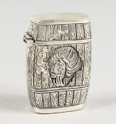 A SILVER PLATED BARREL SHAPED VESTA CASE.