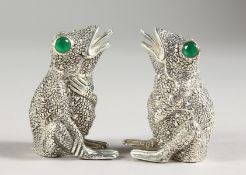 A PAIR OF .925 SILVER PLATE GREEN EYED FROG SALT AND PEPPERS.