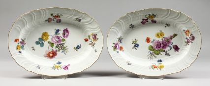 A GOOD LARGE PAIR OF 19TH CENTURY MEISSEN OVAL DISHES with raised decoration and gilt borders, the