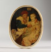 A GOOD 19TH CENTURY OVAL IVORY BOX, the cover with a man and a woman. 4.5ins x 3.5ins.