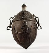 A SUPERB 1800 CARVED COLONIAL COCONUT BOTTLE lavishly carved in relief with Napoleon on horse