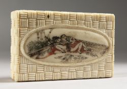 A CARVED BONE BOX, erotic scene.