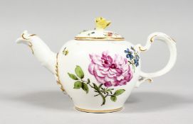 A SMALL 18TH CENTURY VIENNA GLOBULAR TEAPOT AND COVER with rose handle and painted with flowers.