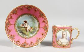A GOOD 18TH CENTURY SEVRES PINK GROUND CUP AND SAUCER, the cup painted with three portraits of