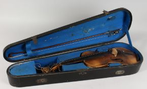 AN OLD VIOLIN CASE, violin and bow.