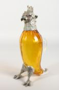 A SUPERB AMBER COLOURED GLASS COCKATOO CLARET JUG with plated head, glass eyes and plated feet.