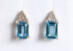 A PAIR OF 9CT GOLD, BLUE TOPAZ AND DIAMOND EARRINGS.