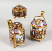 A GOOD THREE PIECE 19TH CENTURY VIENNA CABARET SET with rich gilt decoration and classical scenes.