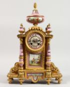 A SUPERB LOUIS XVITH ORMOLU AND SEVRES PORCELAIN MANTLE CLOCK with rich gilded ormolu and painted