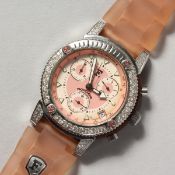 A GENTLEMAN'S EWATCH, pink face with three dials.