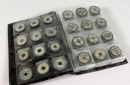 A FOLDER CONTAINING A LARGE QUANTITY OF CHINESE COINS.
