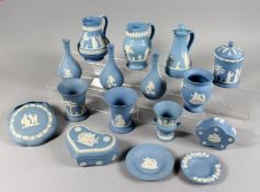A COLLECTION OF SIXTEEN PIECES OF PALE BLUE AND WHITE JASPER WARE BOTTLES.