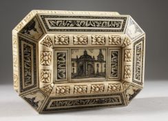 A SUPERB SMALL 19TH CENTURY RUSSIAN IVORY JEWELLERY BOX with red velvet lining, the case carved with