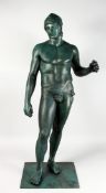 A LARGE GRAND TOUR STYLE BRONZE OF A CLASSICAL MALE, wearing a helmet, on a square base. 42ins