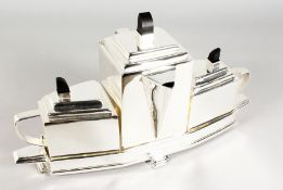 AN ART DECO STYLE SILVER-PLATED THREE-PIECE TEA SERVICE ON STAND. 16ins long.