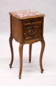 A 19TH CENTURY FRENCH MARBLE TOP WALNUT BEDSIDE CHEST, with a small drawer, cupboard door on
