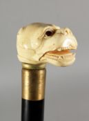 A WALKING STICK, the bone handle modelled as a dog's head. 36ins long.