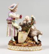 A GOOD 19TH CENTURY MEISSEN PORCELAIN GROUP, a young boy with a vine and grapes, the girl holding