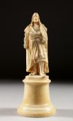 A 19TH CENTURY DIEPPE CARVED IVORY FIGURE ON A PLINTH. 6ins high.