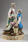 A GOOD MEISSEN PORCELAIN GROUP OF A GALLANT AND LADY, the gallant seated holding a basket of