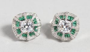 A PAIR OF SILVER AND GREEN CZ DECO STYLE EARRINGS.