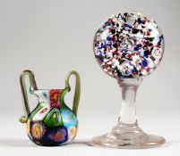 A MINIATURE MILLEFIORI GLASS VASE AND A SMALL WIG STAND (2).