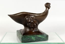 AN UNUSUAL BRONZE PEDESTAL DISH, with a male head terminal, cast male and female figures to the