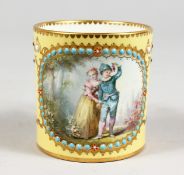 A GOOD 18TH CENTURY SEVRES YELLOW GROUND CAN painted with panel of a boy and girl with turquoise