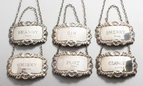 SIX SILVER WINE LABELS: Sherry, Gin, Brandy, Port, Whisky, Claret.
