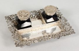 A GOOD VICTORIAN SILVER WILLIAM IV INKSTAND, the sides pierced with flowers and thistles. Birmingham