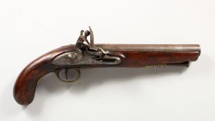 AN 18TH CENTURY TOWER PROOF FLINTLOCK PISTOL with walnut stock and brass finger holder. 15ins long.