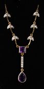 A GOOD 9CT GOLD AND SILVER AMETHYST AND DIAMOND NECKLACE.