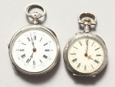 TWO LADIES' SILVER FOB WATCHES.