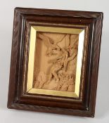 A VERY FINE FRAMED AND GLAZED WOODEN CARVING in the manner of GRINLING GIBBONS, a man being attacked
