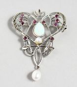 AN ART NOUVEAU DESIGN SILVER, OPAL AND RUBY PENDANT BROOCH.