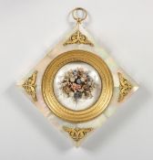 A SUPERB SQUARE PALAIS ROYAL PLAQUE, mother-of-pearl surround, the centre with flowers. 5.5ins.