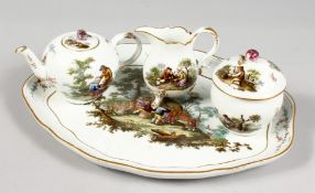 A SUPERB 18TH CENTURY MEISSEN PORCELAIN FOUR PIECE CABARET SET, with oval tray, teapot and cover,