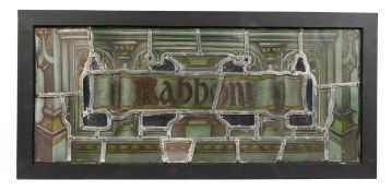 A STAINED GLASS AND LEAD PANEL 'RABBON' in a wooden frame. 26ins x 11ins.
