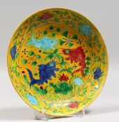 A CHINESE YELLOW GROUND PORCELAIN DISH decorated with fish. 9ins diameter.
