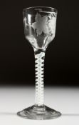 A GEORGIAN WINE GLASS, the bowl engraved with fruiting vines with white twist stem. 5.75ins high.