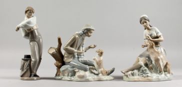 A NAO PORCELAIN FIGURE OF A MAN WITH A HAT BY HIS SIDE, and two other figure groups (3).