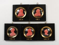 A SET OF FIVE WAX PORTRAIT MINIATURES OF CARL IX, CARL X, CARL XII, CARL XIII AND CARL CARL IV. 3ins