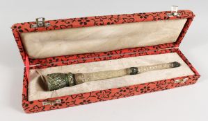 A GOOD INDIAN CRYSTAL AND JADE STICK. 11ins long, in a fitted case.