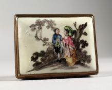 A FRENCH PORCELAIN BOX AND COVER, the lid with a gallant and lady. 3ins long.