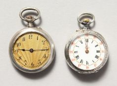 TWO LADIES' SILVER FOB WATCHES.